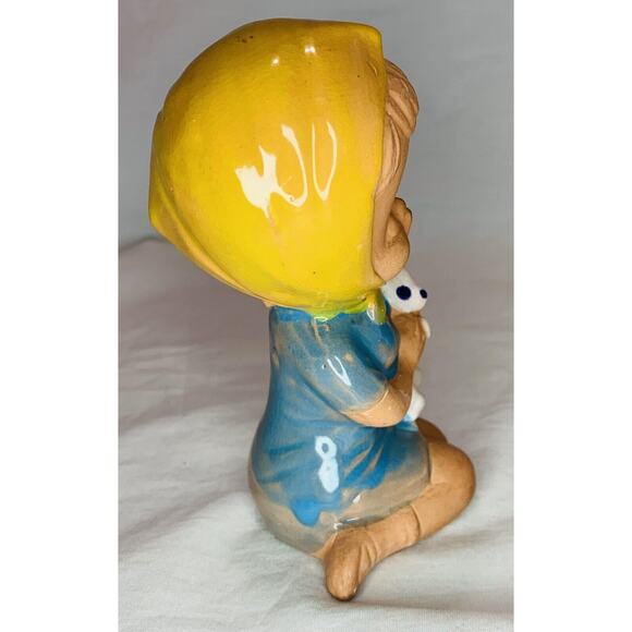 Uctci Japan Figurine Girl Pottery Red Clay 5" Vintage 1960s MCM Blue Dress Cat - Picture 5 of 11